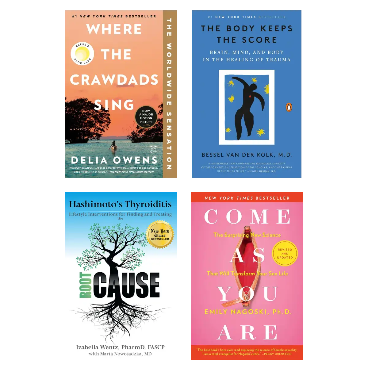 Healing and Self-Discovery Collection: Where the Crawdads Sing, The Body Keeps the Score, Hashimoto's Root Cause and Come As You Are - 4-Book Set