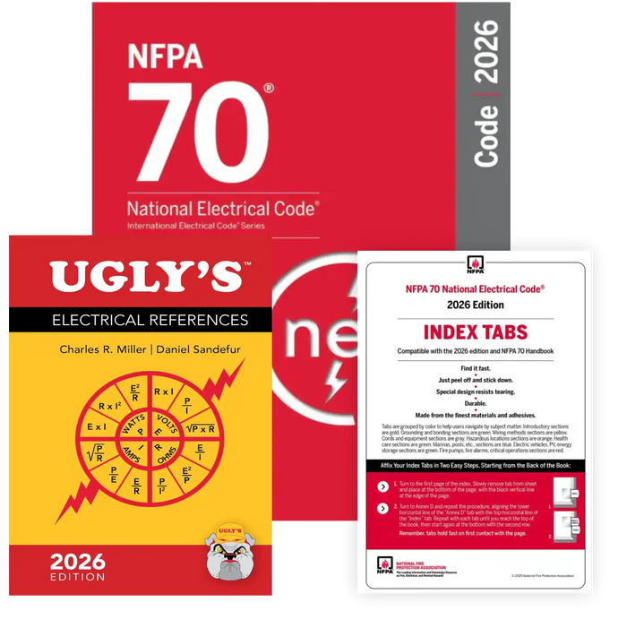 NFPA 70 National Electrical Code 2026 + Ugly’s Electrical References 2026 + Index Tabs – Official PMI Set book cover
