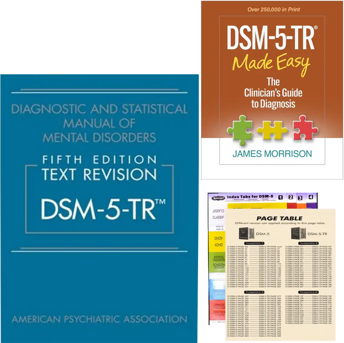 DSM-5-TR Practical Combo – DSM-5-TR-Main Manual-Softcover + Clinician's Guide Made Easy + Color Index Tab book cover
