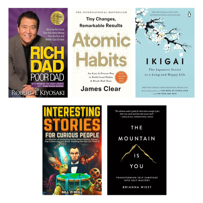 Life-Changing Books Bundle – Rich Dad Poor Dad + Atomic Habits + Ikigai + Bill O'Neill Stories + Mountain is You book cover